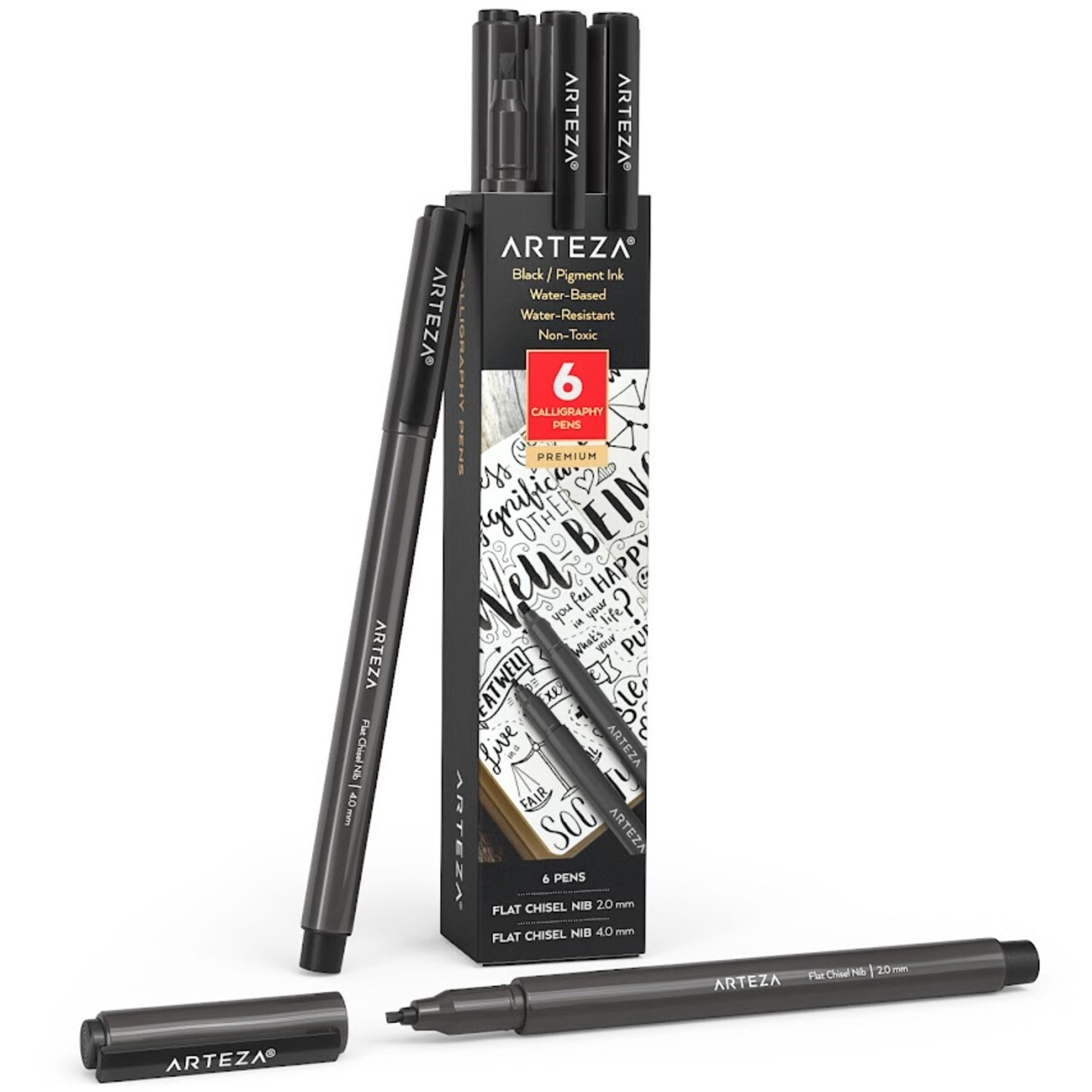 Arteza Calligraphy Pen, Black Pigment Ink, Flat Chisel Nib - Set of 6